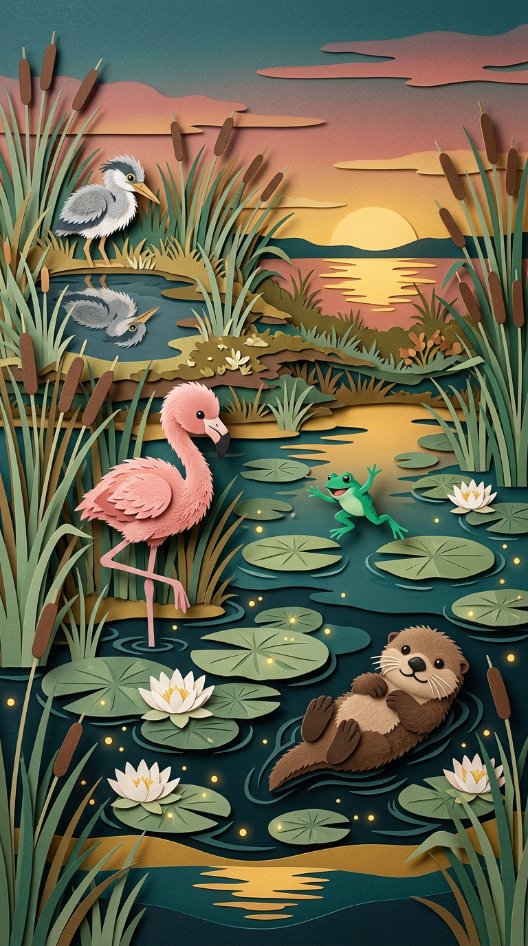 Wetlands with flamingo and otter