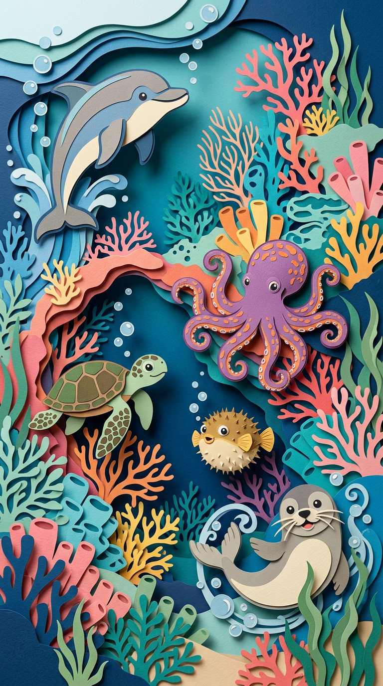 Coral reef with dolphin and octopus