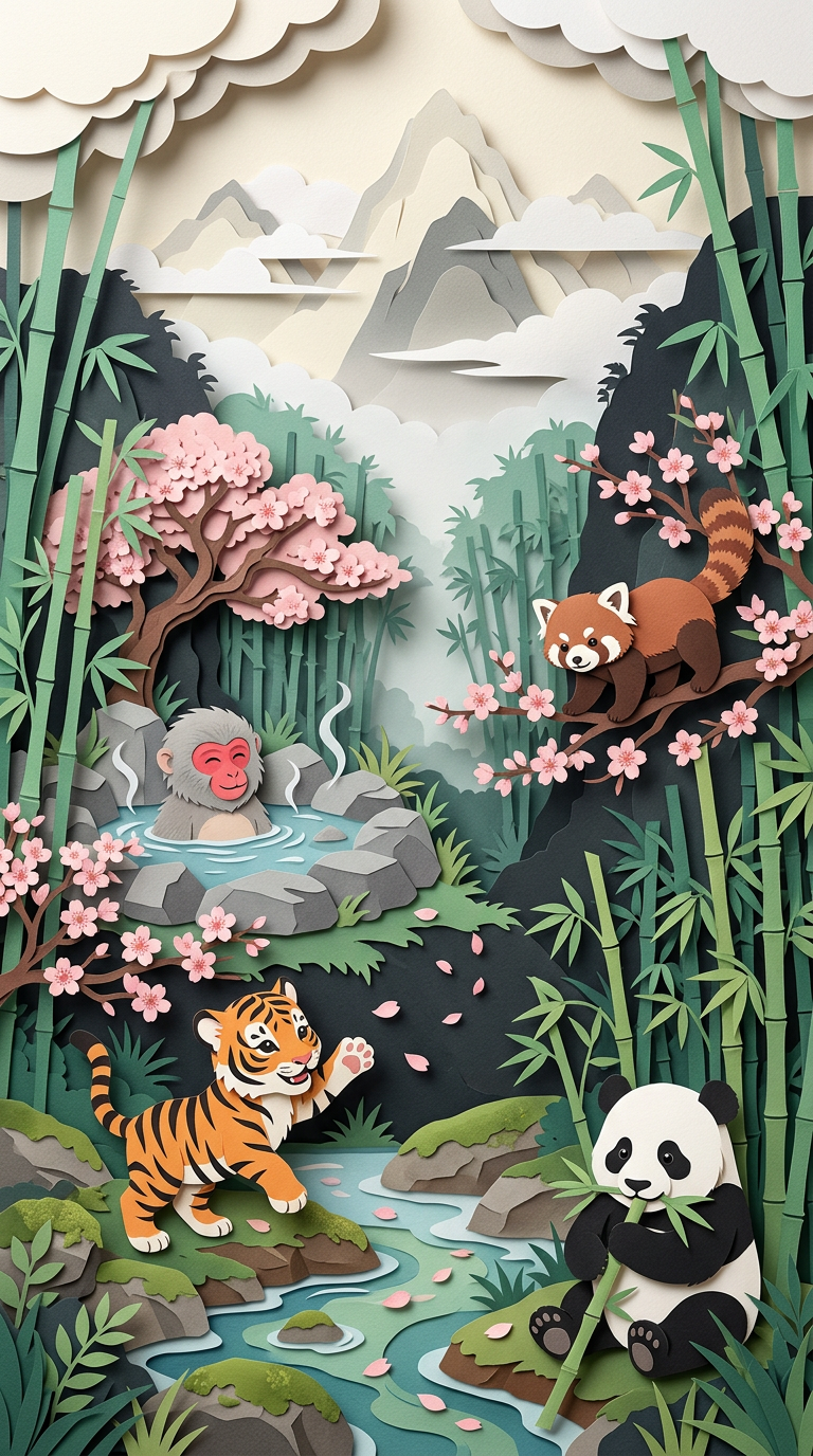 Bamboo forest with panda and tiger