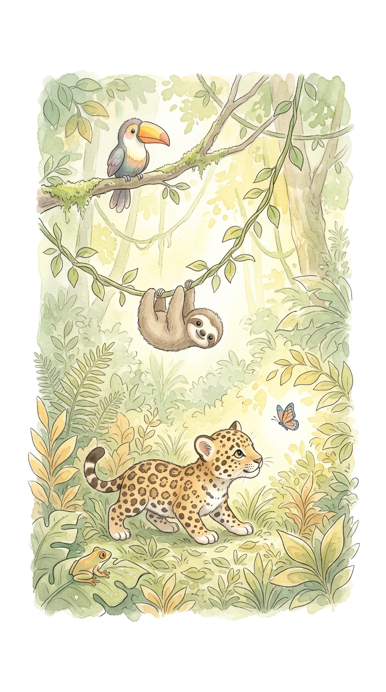 Rainforest with sloth, toucan and jaguar