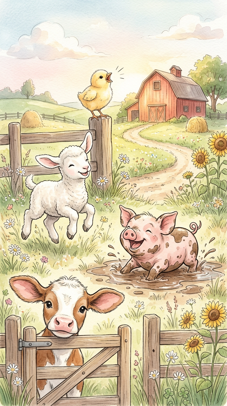 Farmyard with pig, lamb and cow