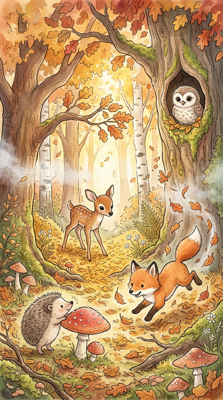 Autumn forest with deer, fox and owl